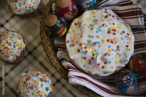   celebration of Easter with dyed eggs and Paska homemade