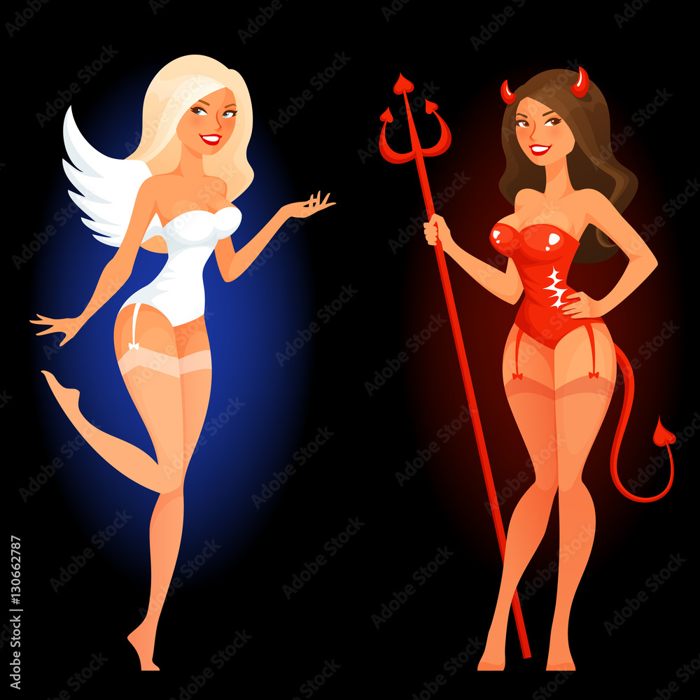 Quejar Absorber juego sexy cartoon pin up girl in angel or devil costume vector de Stock | Adobe  Stock