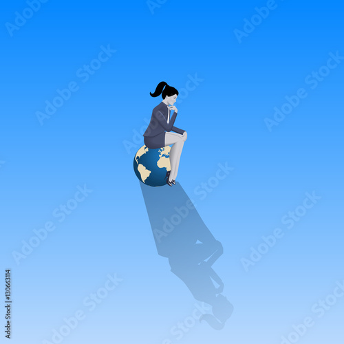Loneliness on Olymp business concept. Pensive business woman in business suit sitting on the top of earth glove alone with only space around her. Isolation, responsibility, decision consequences.