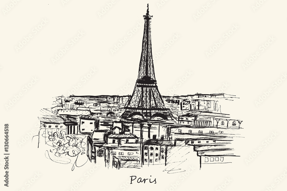 Hand drawn Paris City on ecru background