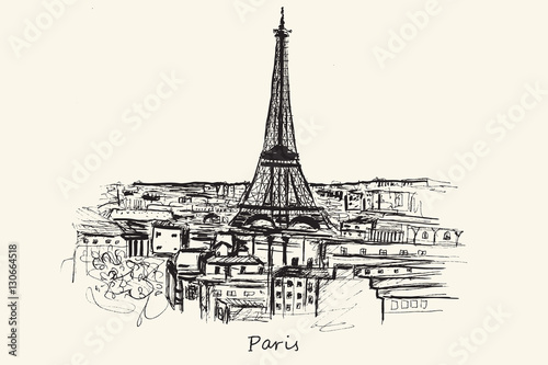 Hand drawn Paris City on ecru background