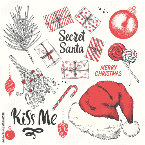 Christmas vector illustration set in sketch style. Present on white background. Beautiful gift box with ribbon, holiday lettering, funny symbols.