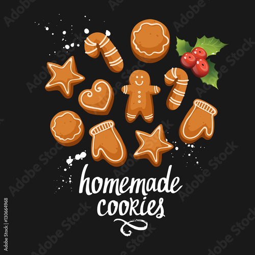 Vector illustration to celebrate the new year on black background with holiday homemade ginger cookies. Handwritten inscription. Lettering design.
