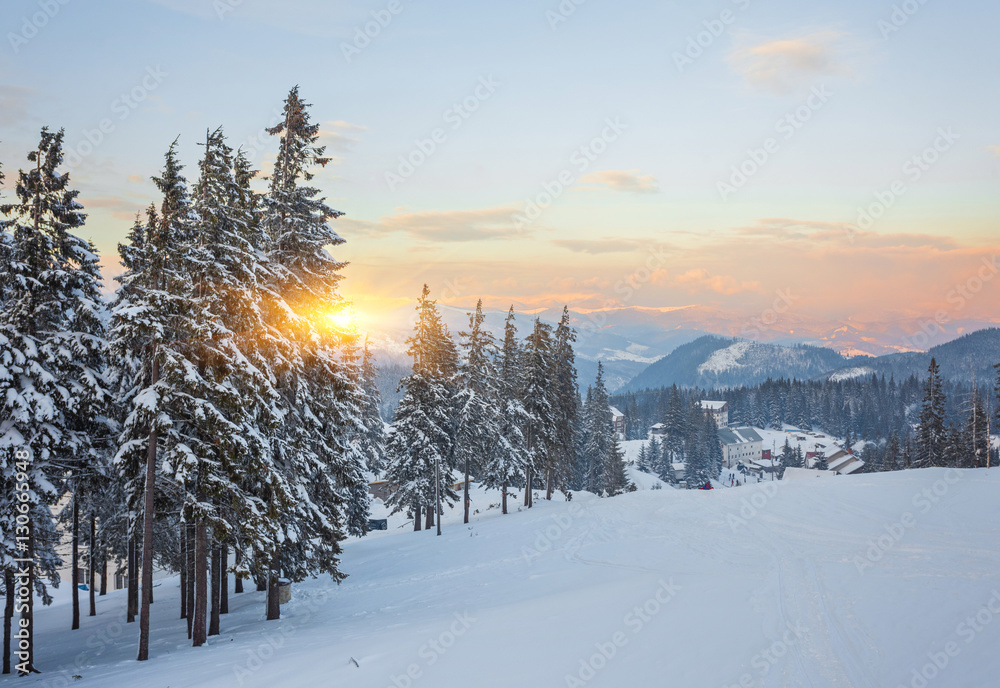 majestic sunset in the winter mountains