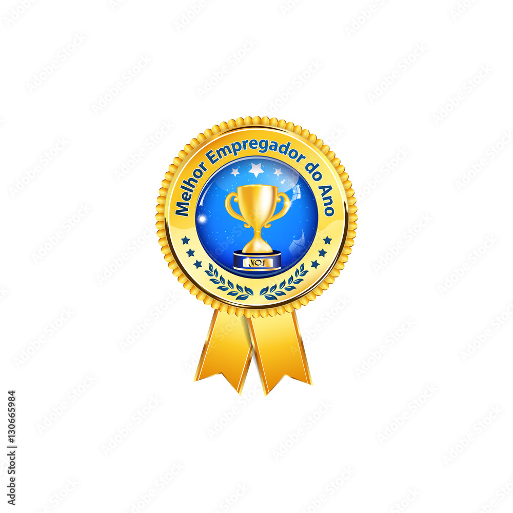 Naklejka premium Melhor empregador do Ano - Emblema Da Fita da concessão com copo dos campeões. Distinção para fins comerciais. Presentes do reconhecimento & presentes da apreciação