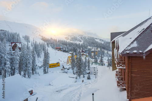 Winter resort with slopes for skiing and snowboarding