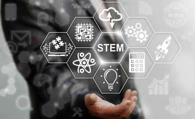 Business STEM concept. Science Technology Engineering Math education web icon. Man offer stem word sign on virtual screen.