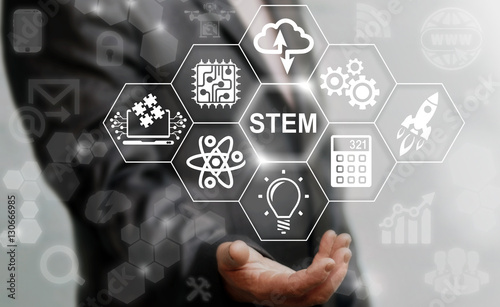 Business STEM concept. Science Technology Engineering Math education web icon. Man offer stem word sign on virtual screen. photo