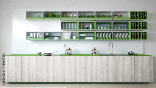 Scandinavian white kitchen with wooden and green details, minima