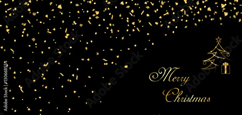 Merry Christmas background. Gold abstract template confetti for card, greeting, Xmas tree, celebrate banner. Light sparkle. Happy New Year celebration design. Golden decoration Vector illustration