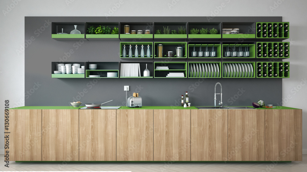 Scandinavian gray kitchen with wooden and green details, minimal