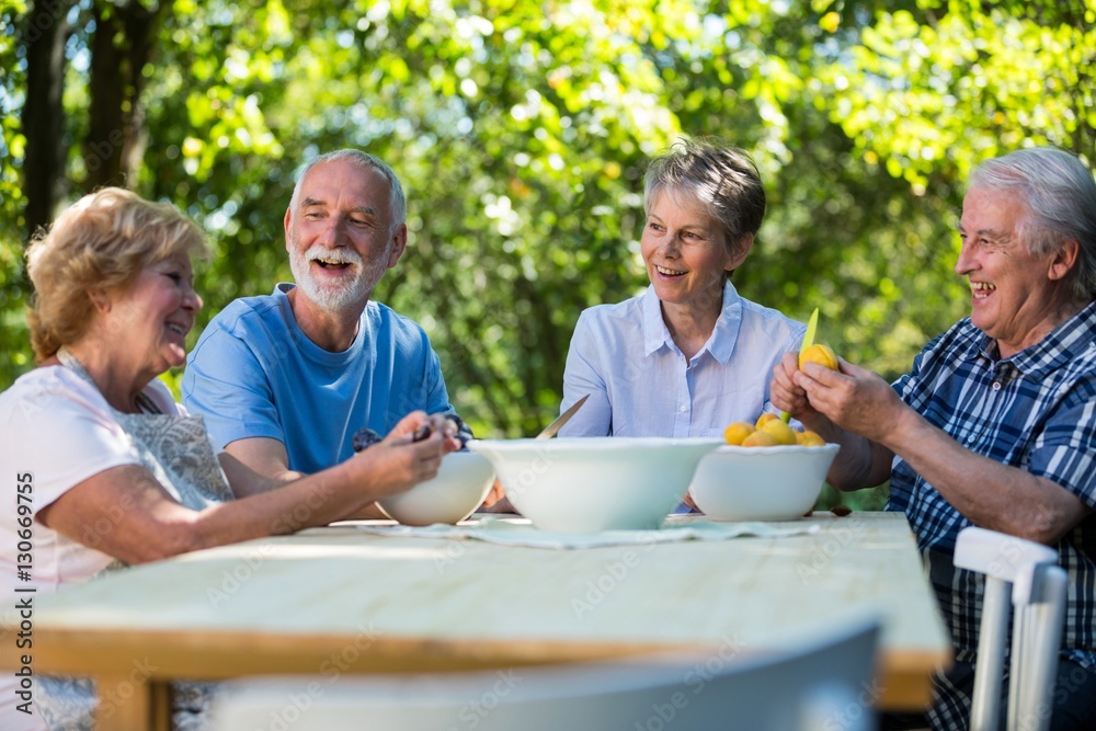 Senior couples removing seeds of apricot fruits in garden