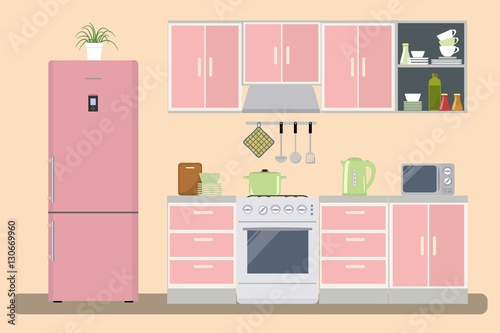 Kitchen in a pink color. There is a kitchen furniture, a refrigerator, a microwave, a kettle and other objects in the picture. Vector flat illustration