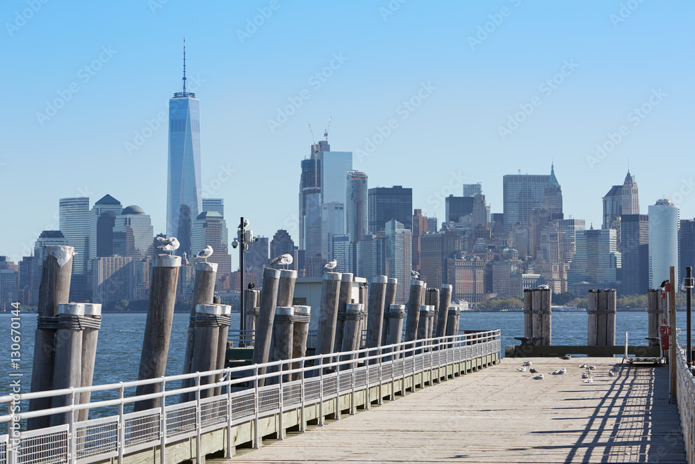 New York city skyline and pier with seagulls in a sunny day