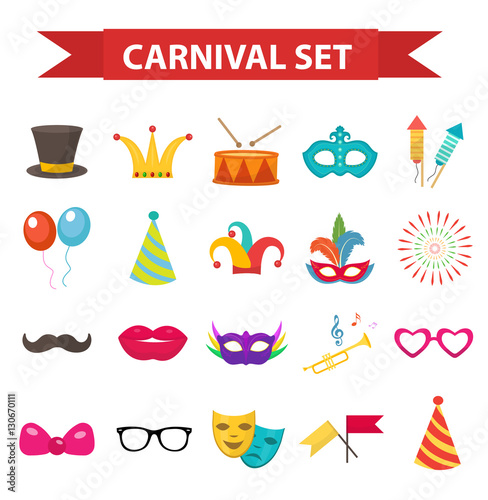 Party icons, design element, flat style. Carnival accessories, props, isolated on white background. Masquerade Collection. Vector illustration, clip art