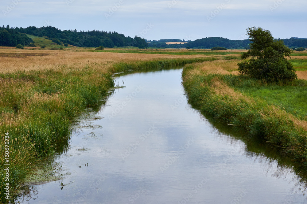 River running between fields with green and yellow grass