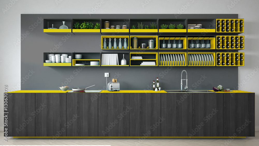 Scandinavian gray kitchen with wooden and yellow details, minima Scandinavian gray kitchen with wooden and yellow details, minima