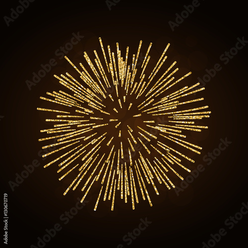 Firework gold isolated. Beautiful golden firework on black background. Bright decoration for Christmas card, Happy New Year celebration, anniversary, festival. Flat design Vector illustration
