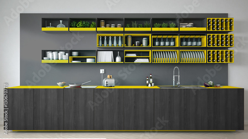 Scandinavian gray kitchen with wooden and yellow details, minima