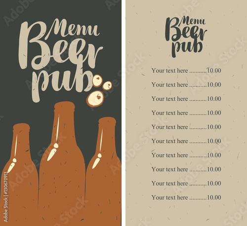 menu with price list for a pub with a bottle of beer