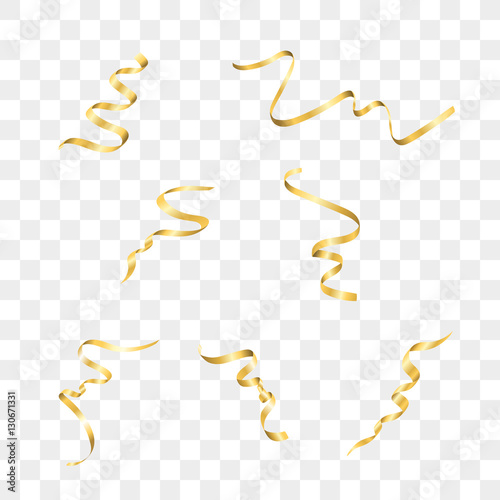 Gold streamers set. Golden serpentine ribbons, isolated on transparent background. Decoration for party, birthday celebrate or Christmas carnival, New Year gift. Festival decor. Vector illustration
