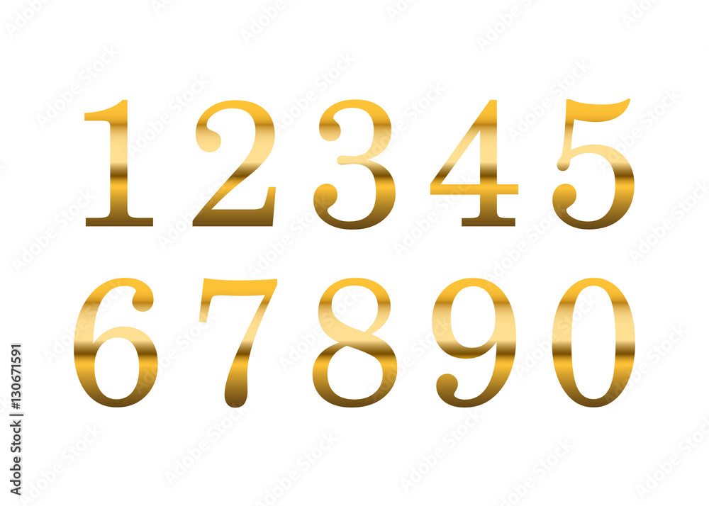 Gold numbers set. Golden metallic font, isolated on white background. Beautiful typography metal design for decoration. Symbol elegance royal graphic. Modern fashion signs. Vector illustration