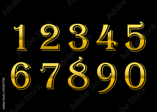 Gold numbers set. Golden metallic font, isolated on black background. Beautiful typography metal design for decoration. Symbol elegance royal graphic. Modern fashion signs. Vector illustration