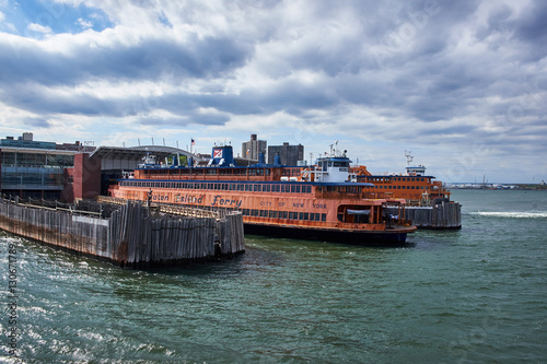 Staten Island ferries docked at St. George Terminal, waiting to sail to Manhattan
