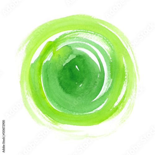 Big bright green circle painted in watercolor on clean white background