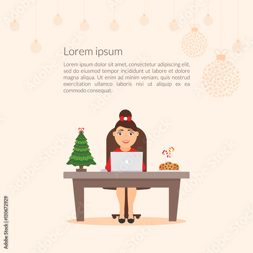 Cute cartoon character businesswoman. Merry Christmas and Happy New Year decorated workplace office. Christmas illustration. Xmas tree. Flat design vector.