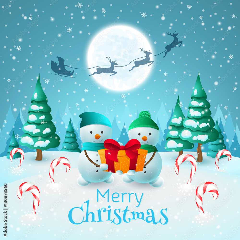 Cartoon winter landscape with two Snowman and gift. Vector holiday card with title Cartoon winter landscape with two Snowman and gift. Vector holiday card with title