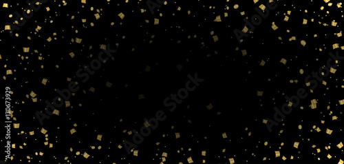 Gold bright confetti on black Christmas background. Golden decoration glitter abstract design of Happy New Year card, greeting, Xmas holiday celebrate banner. Space effect. Vector illustration