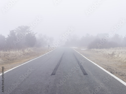 Country road with mist, person in distance trying to hitch ride