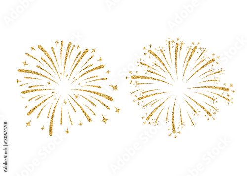 Fireworks set gold isolated. Beautiful golden fireworks on white background. Bright decoration Christmas card, Happy New Year celebration, anniversary, festival. Flat design Vector illustration