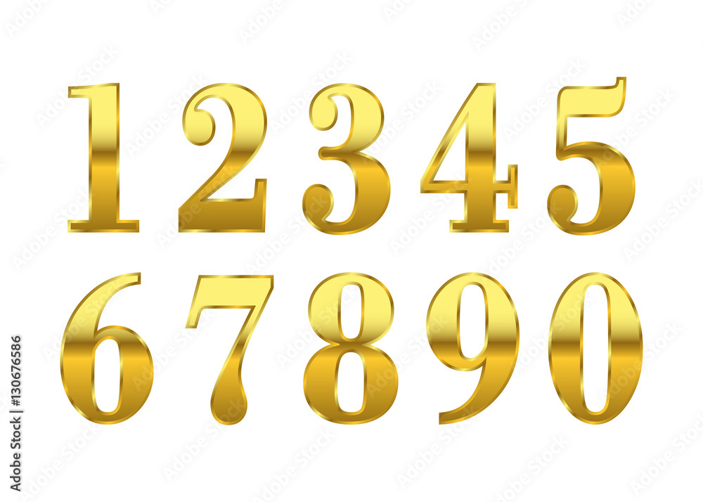 Gold numbers set. Golden metallic font, isolated on white background. Beautiful typography metal design for decoration. Symbol elegance royal graphic. Modern fashion signs. Vector illustration Gold numbers set. Golden metallic font, isolated on white background. Beautiful typography metal design for decoration. Symbol elegance royal graphic. Modern fashion signs. Vector illustration