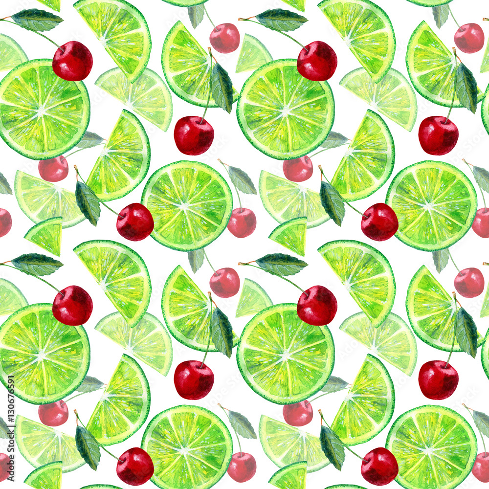 Seamless pattern of a lemon lime and cherry.Fruit picture.Watercolor ...