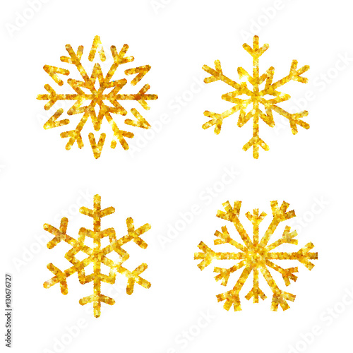 Gold Christmas snowflakes icons set. Golden fire silhouette snow flake sign isolated white background. Design card, decoration. Symbol winter, New Year holiday celebration Vector illustration