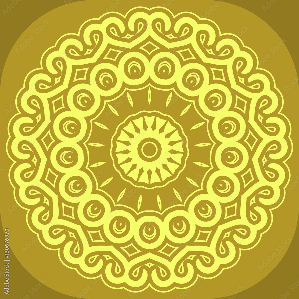Yellow round ornamental background with decorative snowflakes. Xmas napkin design in flat and simple style Yellow round ornamental background with decorative snowflakes. Xmas napkin design in flat and simple style