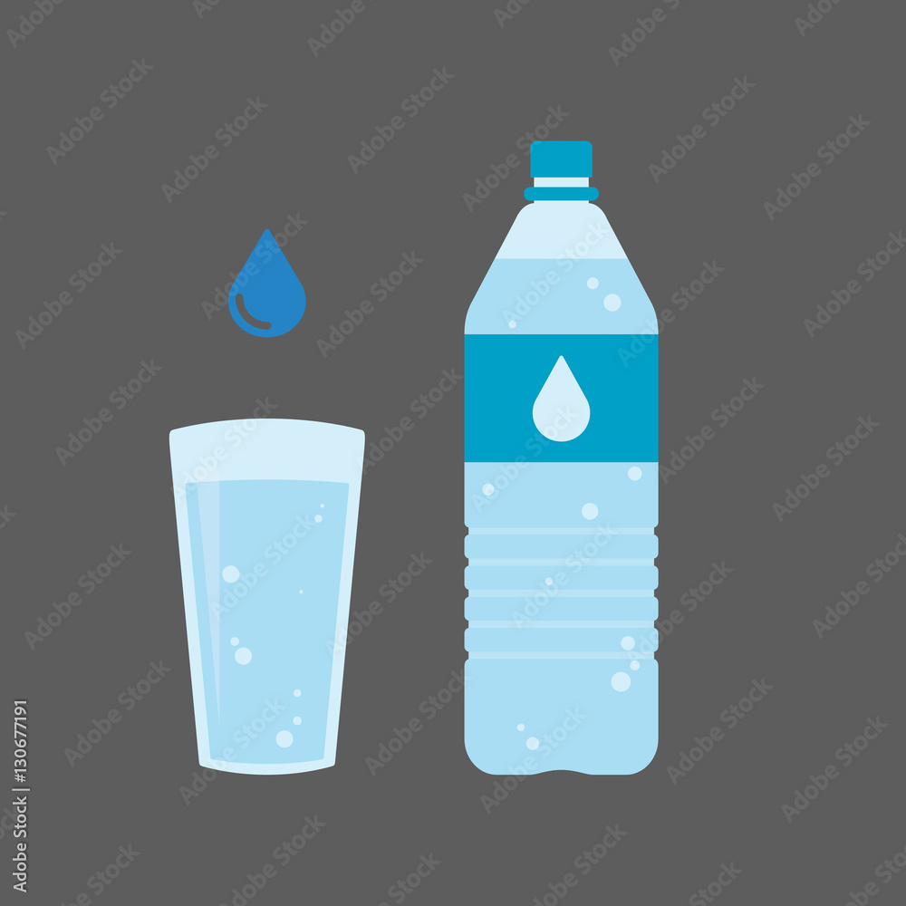 Plastic bottle and glass of water. Water drop sign. Vector illustration Plastic bottle and glass of water. Water drop sign. Vector illustration