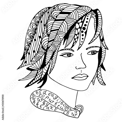 Girl face Hand drawn sketched vector illustration. Doodle woman face graphic with ornate pattern. Design Isolated on white.