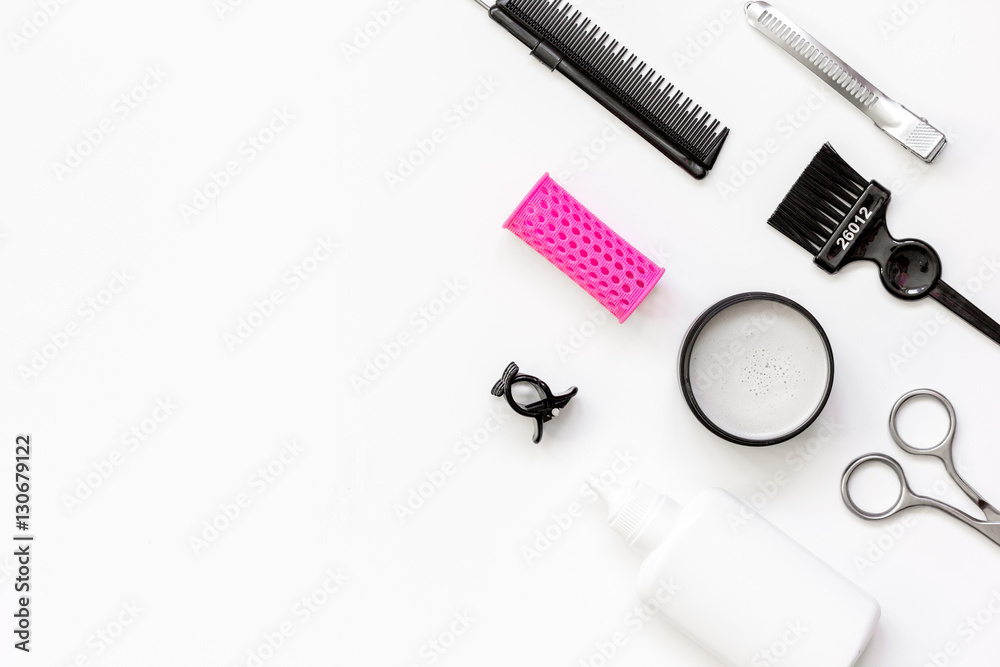hairdresser tools on white background top view hairdresser tools on white background top view