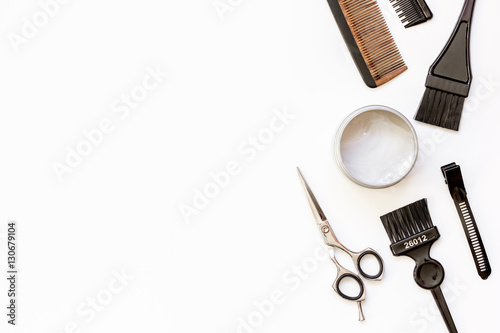 hairdresser tools on white background top view