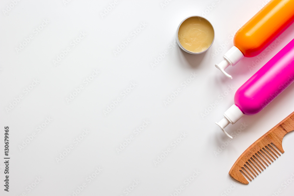 womens haircare spa in bottle on white background top view womens haircare spa in bottle on white background top view
