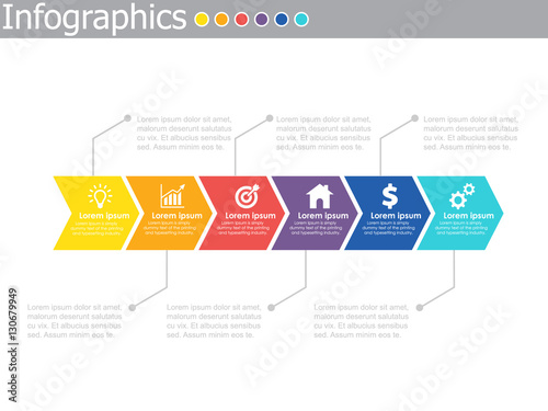 Infographics timeline template with realistic colorful circles for 6 steps and icons. Can be used for workflow layout, diagram, number options, step up options, web design, infographics, presentations