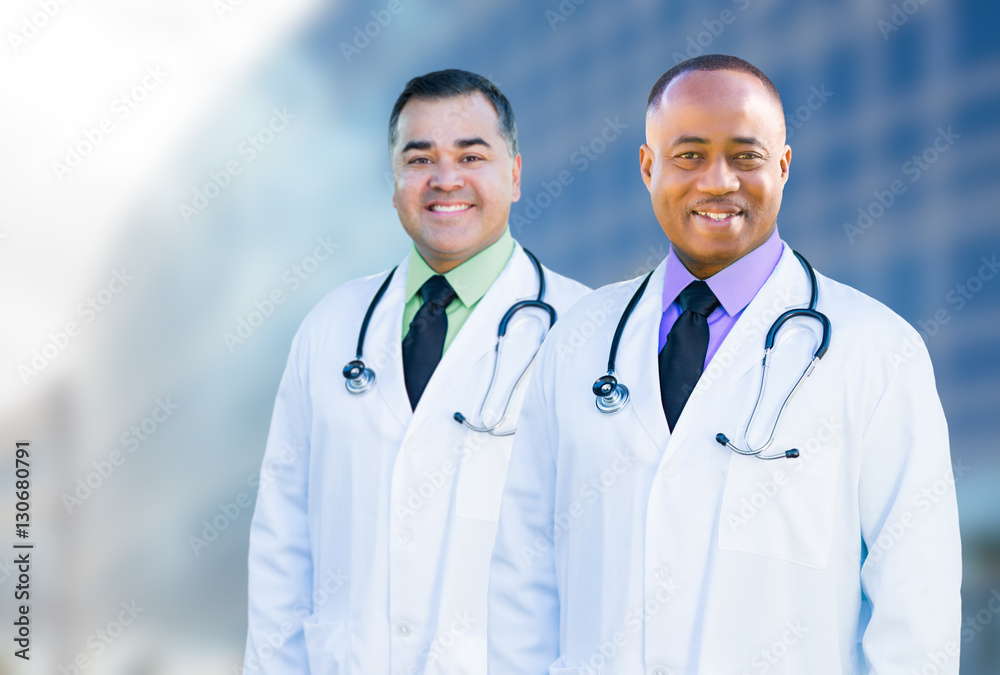 African American and Hispanic Male Doctors Outside of Hospital B African American and Hispanic Male Doctors Outside of Hospital B