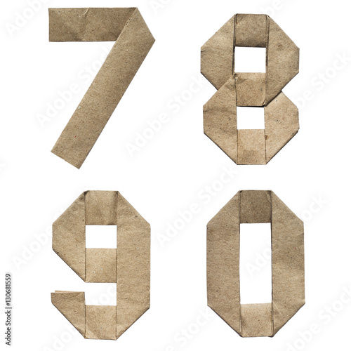 Natural brown origami folded craft eco paper alphabet (abc) letters and numbers 7, 8, 9, 0