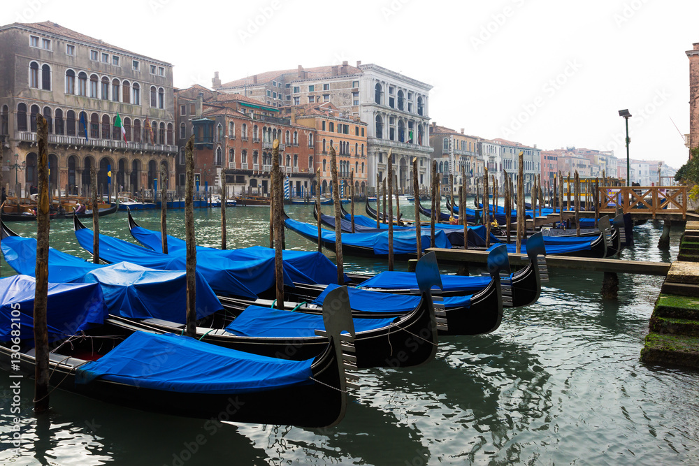 Gondolas moored along the Grand Canal in Venice
