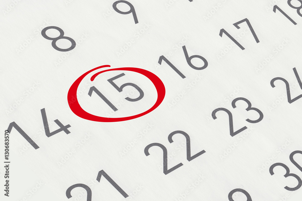 Mark the date number 15, focus point on the red marked number. Stock
