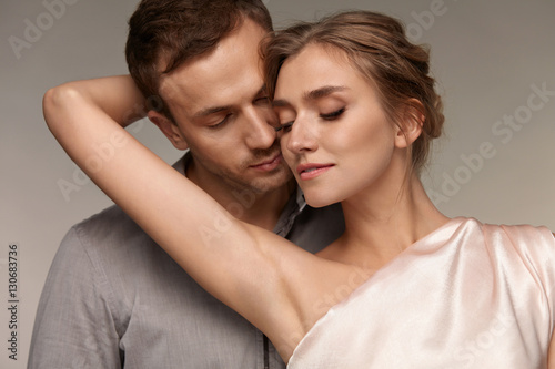Man Close To Sexy Woman. Female Showing Smooth Skin Of Armpits.