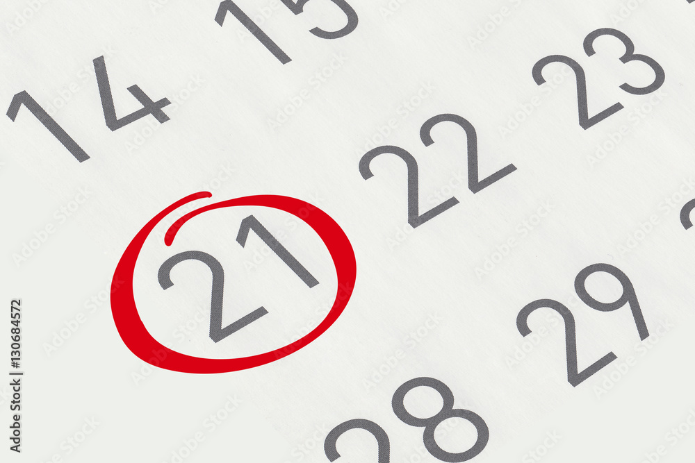 Mark the date number 21, focus point on the red marked number. Stock ...